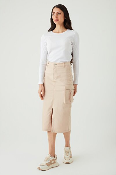 Select Moda Women's Beige Cargo Pocket Slit Midi Skirt