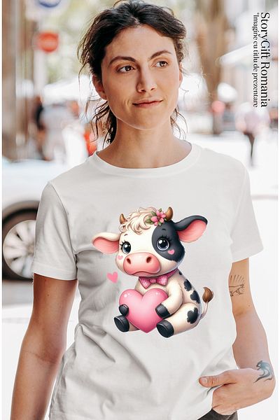 StoryGift Romania Tricou Femei Cu O Vacuta Care Tine O Inima In Brate, Iubire, Dragoste, Valentine Wht_m