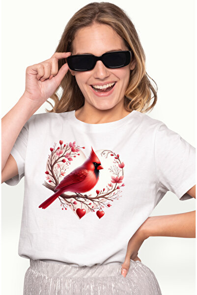 StoryGift Romania Tricou Femei cu o pasare rosie, ilustratie, inimioare, iubi...