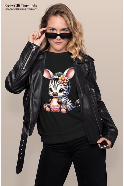 StoryGift Romania Women's T-shirt with a baby zebra holding a painted egg, illustration, flowers, ears BLK_S