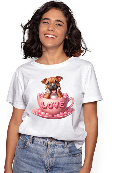 StoryGift Romania Tricou Femei cu un catel jucaus care sta intr-o ceasca pe care scrie "Love", fer WHT_S