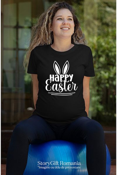 StoryGift Romania Women's T-shirt with rabbit ears and the wish "Happy Easter" - Happy Easter! BLK_XS
