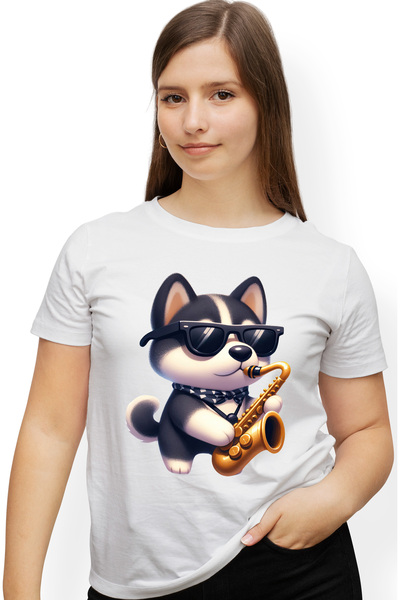 StoryGift Romania Tricou Femei cu un catel Husky care canta la saxofon, ilust...