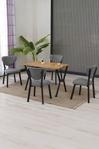 Lumodi Mobilya Masa Sandalye Takımı, 4 Sandalye 1 Sabit Ceviz Masa 110x70 Cm,...