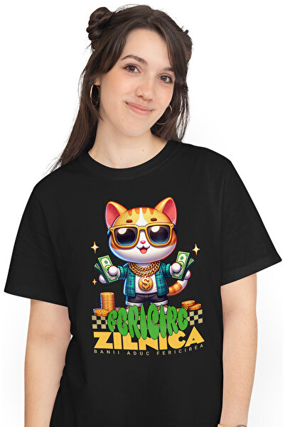 StoryGift Romania Tricou Femei Pisica Bogata - Fericire Zilnica, Banii Aduc F...