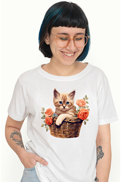 StoryGift Romania Tricou Femei cu o pisicuta care sta intr-un cosulet, ilustr...