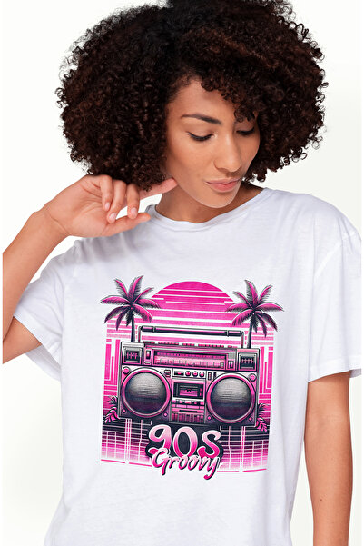 StoryGift Romania Tricou Femei cu mesajul "90s groovy", ilustratie, stil retr...