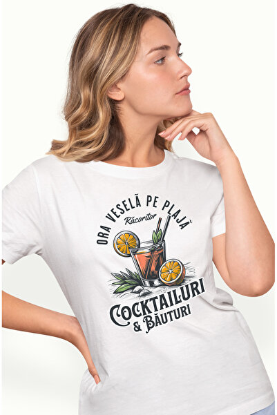 StoryGift Romania Tricou Femei Ora vesela pe plaja cocktail si bauturi petrec...