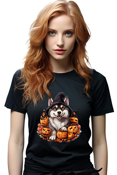StoryGift Romania Tricou Femei cu un lup cu palarie de vrajitor, dovleci decorati, Halloween, ilus BLK_L