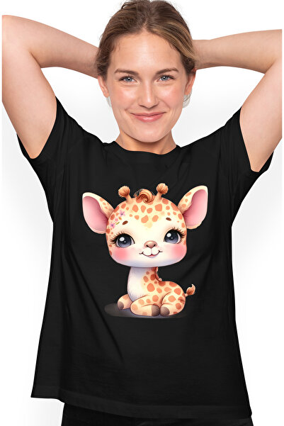 StoryGift Romania Tricou Femei cu o girafa micuta, ilustratie, rosie in obraj...