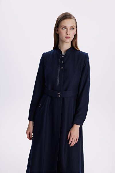 Zühre Judge Collar Leather Detailed Navy Blue Overcoat 13574