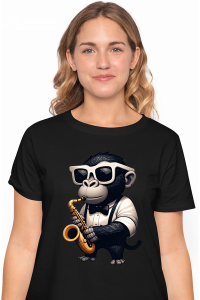 StoryGift Romania Tricou Femei cu un cimpanzeu care canta la saxofon, ilustra...