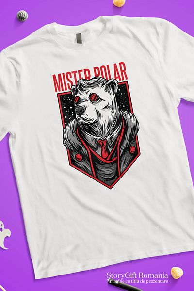 StoryGift Romania Tricou Femei Cu Urs Polar Cu Ochelarii De Soare In Costum Cu Cravata, Text In En WHT_M