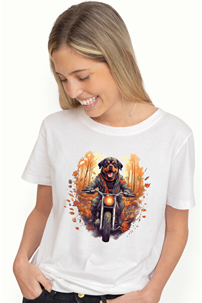 StoryGift Romania Tricou Femei cu un catel Rottweiler pe motocicleta, ilustra...