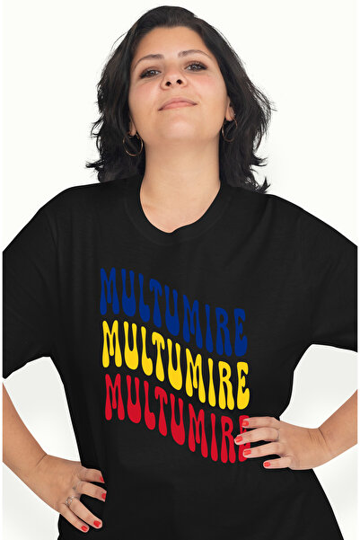 StoryGift Romania Tricou Femei Cuvantul Multumire, in Culorile Steagului Romaniei, Rosu, Galben, A BLK_S