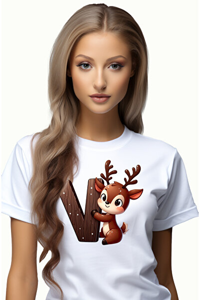 StoryGift Romania Tricou Femei cu un ren care tine litera "V", fericire, scoa...