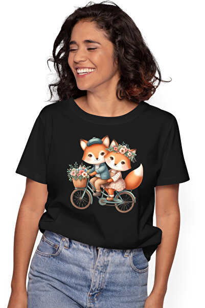 StoryGift Romania Tricou Femei cu o vulpe si un vulpoi care se plimba cu bici...