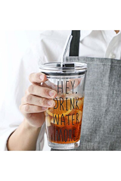 PUFO Drink Water transparent glass coffee mug with lid, 450 ml