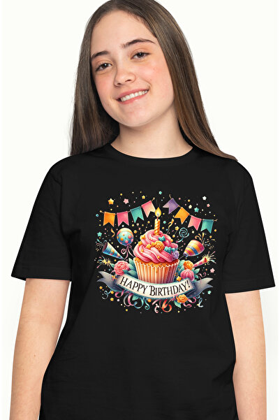 StoryGift Romania Tricou Femei cu o briosa cu o lumanare aprinsa, ilustratie, mesajul "Happy birth BLK_M