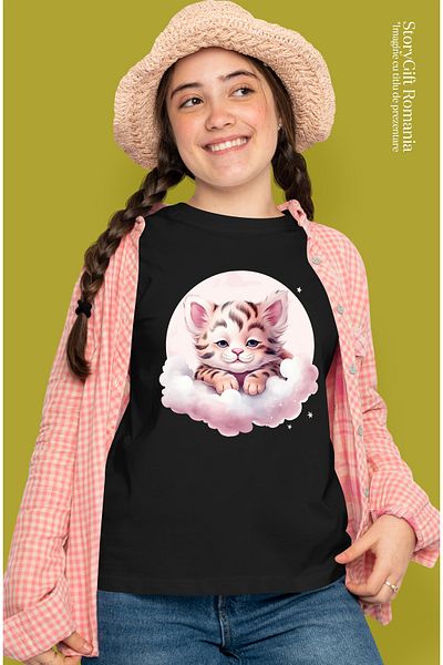 StoryGift Romania Women's T-shirt with a sleepy tiger cub, illustration, clouds, full moon, star BLK_XS