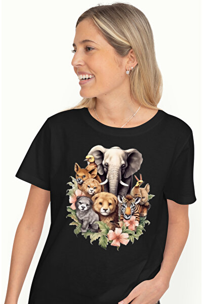 StoryGift Romania Tricou Femei cu animale salbatice, ilustratie, natura, elef...