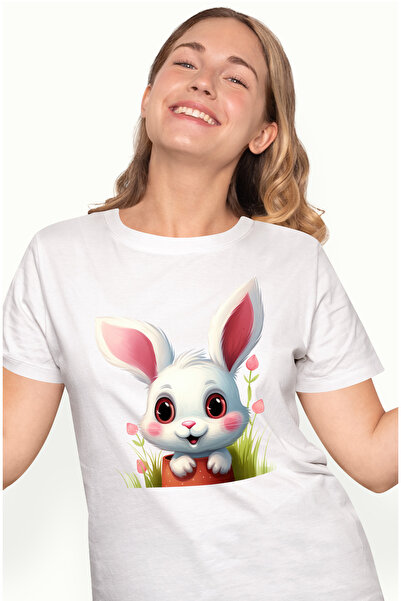 StoryGift Romania Tricou Femei cu un iepuras curios, jucaus, ilustratie, flor...