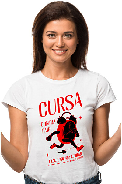 StoryGift Romania Tricou Femei Ceas ce alearga, text fiecare secunda conteaza cu imprimeu pe Fata, WHT_L