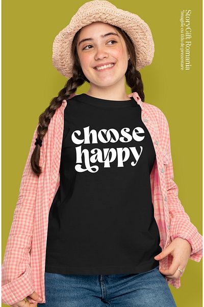 StoryGift Romania Tricou Femei cu mesaj care te indeamna sa alegi fericirea cu imprimeu pe Fata, BLK_XS