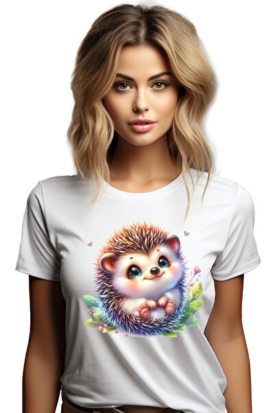 StoryGift Romania Tricou Femei cu un pui de arici vesel, ilustratie, plante, frunze, inimioare, oc WHT_M