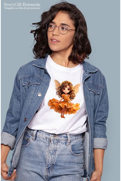 StoryGift Romania Women's T-shirt with a cute little girl wearing an orange dress, fairy wings WHT_L