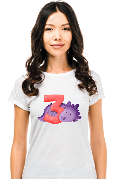 StoryGift Romania Tricou Femei cu un dinozaur mov cu cifra 3, ilustratie, pen...