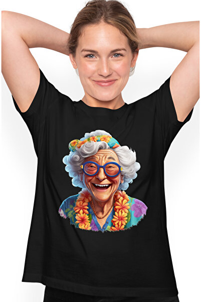 StoryGift Romania Tricou Femei cu o bunicuta care rade, ilustratie, veselie, ...