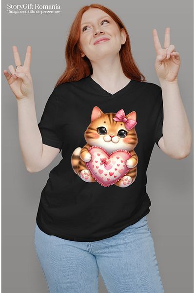StoryGift Romania Women's T-shirt with a kitten with orange fur, black stripes, illustration, size BLK_L, STG62246