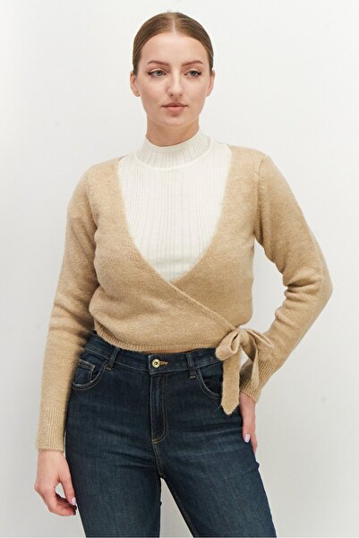 NA-KD Women V-Neck Knitted Wrap Cardigan, Beige