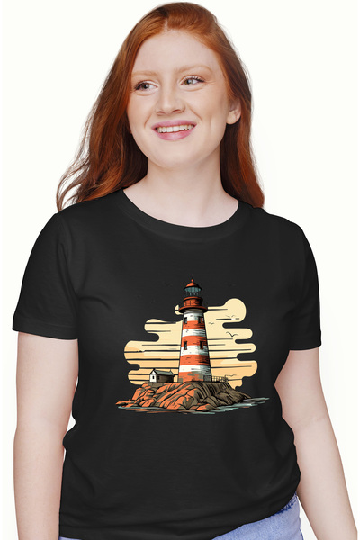 StoryGift Romania Tricou Femei cu un far, ilustratie, mare, apa, control, pasari, apus, arta vecto BLK_XL