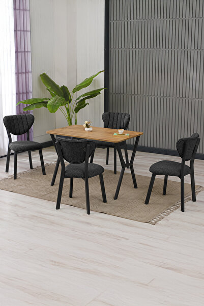 Lumodi Mobilya Masa Sandalye Takımı, 4 Sandalye 1 Sabit Ceviz Masa 110x70 Cm, Keten Kumaş