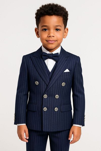 SIRRI Boy's Classic Navy Blue Pinstripe Double Breasted 4-Piece Suit