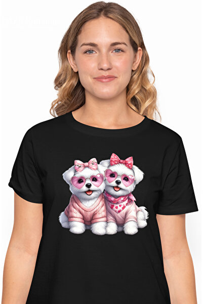 StoryGift Romania Tricou Femei cu 2 catelusi, ilustratie, ochelari in forma d...