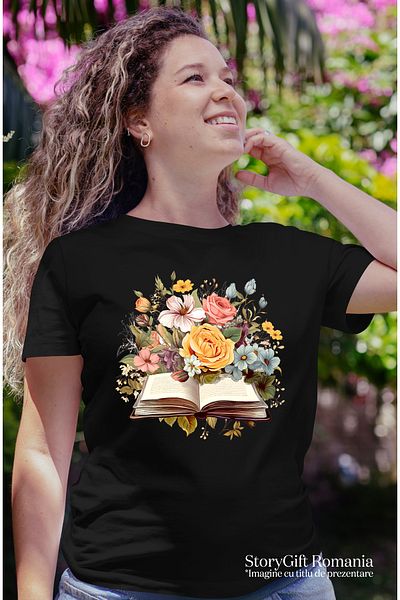 StoryGift Romania Tricou Femei cu o carte deschisa, ilustratie, flori, galbene, albastre, lectura, BLK_XL