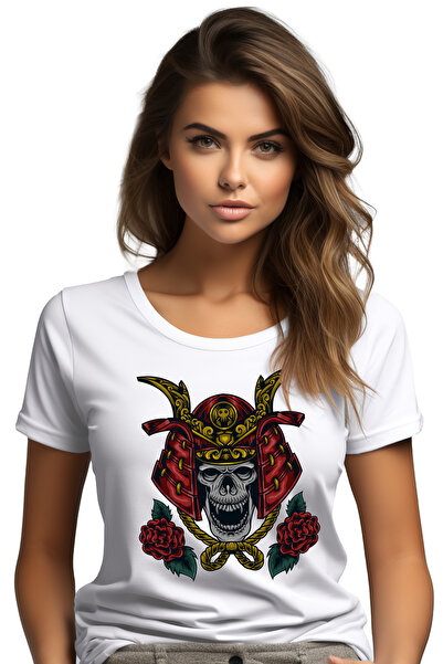 StoryGift Romania Tricou Femei Cu Craniu, Casca, Samurai, Floare, Frunze, Mon...