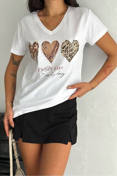 FEMELLE Tricou alb pentru femei, cu decolteu în V, cu paiete, brodat, 100% bumbac