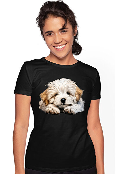 StoryGift Romania Tricou Femei cu un catelus alb somnoros, ilustratie, fara v...