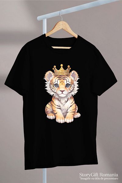 StoryGift Romania Women's T-shirt with a tiger cub wearing a gold crown, precious stones, BLK_S