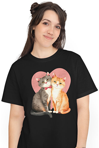 StoryGift Romania Tricou Femei cu 2 pisici apropiate cu inima pe fundal, ilus...