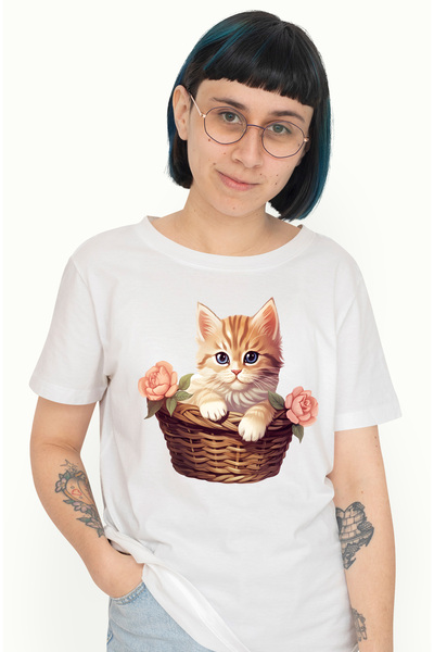 StoryGift Romania Tricou Femei cu o pisicuta care sta intr-un cosulet, floric...