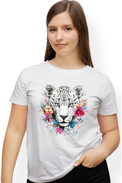 StoryGift Romania Women's T-shirt with a white tiger, illustration, abstract, endangered, flowers WHT_XL