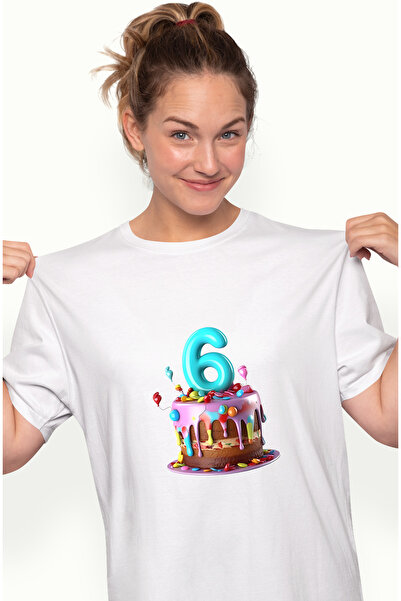 StoryGift Romania Tricou Femei cu cifra 6, tort, aniversare, ilustratie, pent...