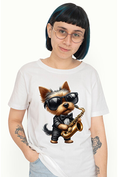 StoryGift Romania Tricou Femei cu un catel de talie mica, ilustratie, blanos, canta la saxofon, oc WHT_XS