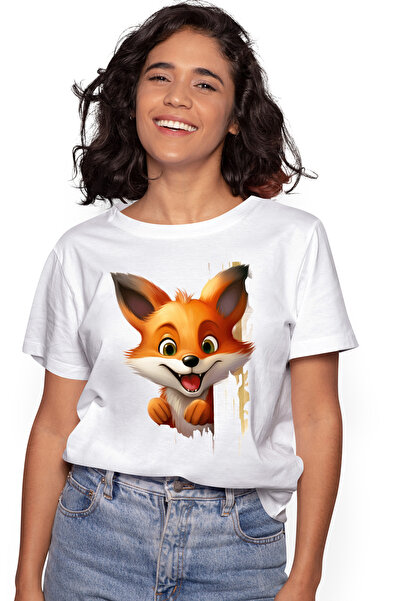 StoryGift Romania Tricou Femei cu o vulpe vesela, ilustratie, animal salbatic...
