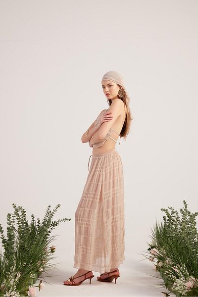 HOLLY LOLLY Shawl Detailed Skirt Blouse Triple Bohemia Suit Beige